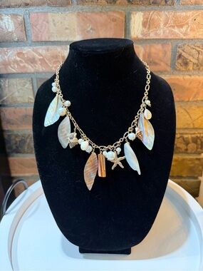 Gold-tone Chain Necklace & Earrings with faux Shell Charms and Pearls